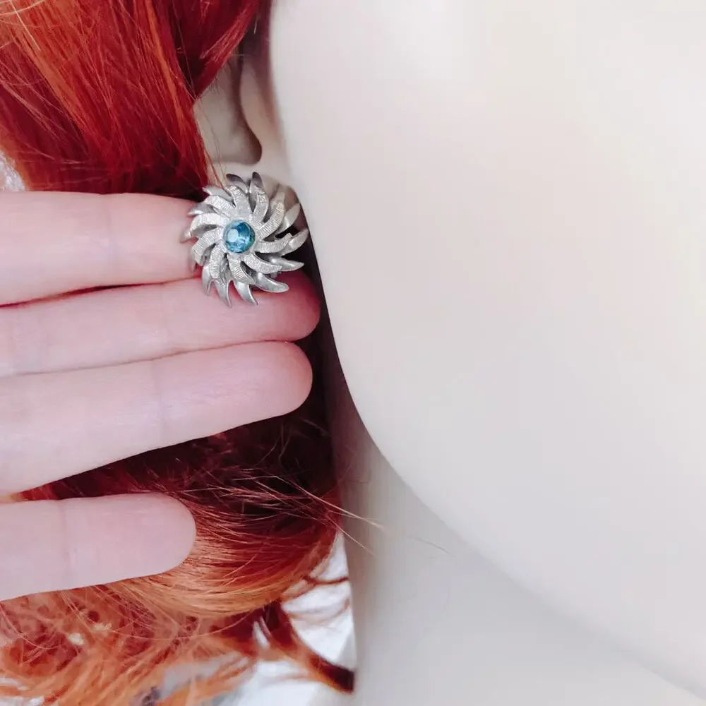 Signed Kramer Vintage Mid Century Atomic Aqua Blue Rhinestone Clip Earrings